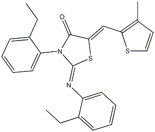 3-(2-ethylphenyl)-2-[(2-ethylphenyl)imino]-5-[(3-methyl-2-thienyl)methylene]-1,3-thiazolidin-4-one Struktur