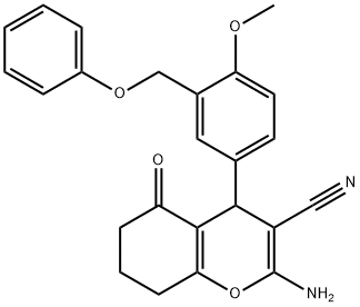 2-amino-4-[4-methoxy-3-(phenoxymethyl)phenyl]-5-oxo-5,6,7,8-tetrahydro-4H-chromene-3-carbonitrile Struktur