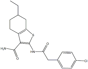 2-{[(4-chlorophenyl)acetyl]amino}-6-ethyl-4,5,6,7-tetrahydro-1-benzothiophene-3-carboxamide Struktur