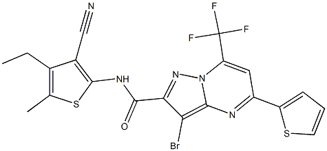 3-bromo-N-(3-cyano-4-ethyl-5-methyl-2-thienyl)-5-(2-thienyl)-7-(trifluoromethyl)pyrazolo[1,5-a]pyrimidine-2-carboxamide Struktur