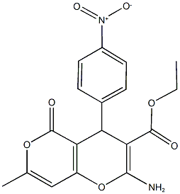 ethyl 2-amino-4-{4-nitrophenyl}-7-methyl-5-oxo-4H,5H-pyrano[4,3-b]pyran-3-carboxylate Struktur