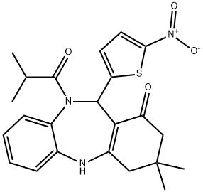 11-{5-nitro-2-thienyl}-10-isobutyryl-3,3-dimethyl-2,3,4,5,10,11-hexahydro-1H-dibenzo[b,e][1,4]diazepin-1-one Struktur