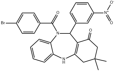 10-(4-bromobenzoyl)-11-{3-nitrophenyl}-3,3-dimethyl-2,3,4,5,10,11-hexahydro-1H-dibenzo[b,e][1,4]diazepin-1-one Struktur