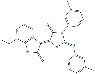 7-ethyl-3-{3-(3-methylphenyl)-2-[(3-methylphenyl)imino]-4-oxo-1,3-thiazolidin-5-ylidene}-1,3-dihydro-2H-indol-2-one Struktur