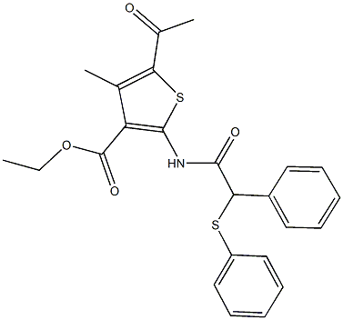 ethyl 5-acetyl-4-methyl-2-{[phenyl(phenylsulfanyl)acetyl]amino}-3-thiophenecarboxylate Struktur