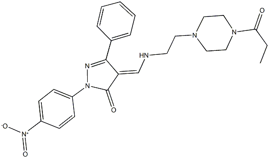 2-{4-nitrophenyl}-5-phenyl-4-({[2-(4-propionyl-1-piperazinyl)ethyl]amino}methylene)-2,4-dihydro-3H-pyrazol-3-one Struktur