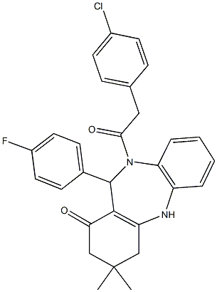 10-[(4-chlorophenyl)acetyl]-11-(4-fluorophenyl)-3,3-dimethyl-2,3,4,5,10,11-hexahydro-1H-dibenzo[b,e][1,4]diazepin-1-one Struktur