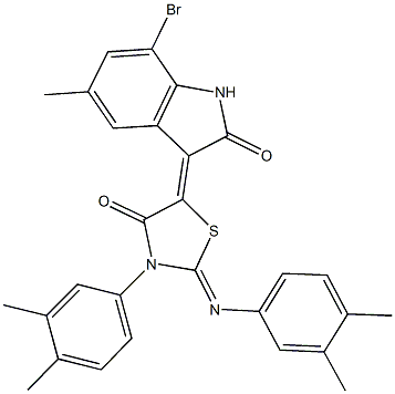 7-bromo-3-{3-(3,4-dimethylphenyl)-2-[(3,4-dimethylphenyl)imino]-4-oxo-1,3-thiazolidin-5-ylidene}-5-methyl-1,3-dihydro-2H-indol-2-one Struktur