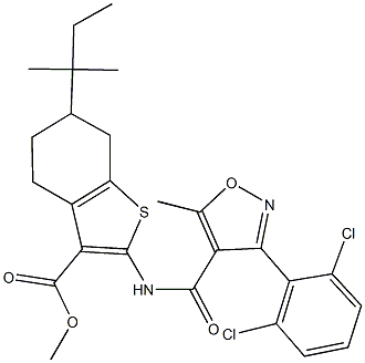 methyl 2-({[3-(2,6-dichlorophenyl)-5-methyl-4-isoxazolyl]carbonyl}amino)-6-tert-pentyl-4,5,6,7-tetrahydro-1-benzothiophene-3-carboxylate Struktur