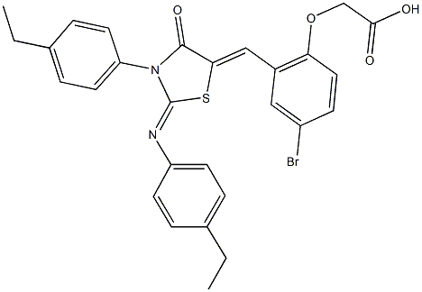 [4-bromo-2-({3-(4-ethylphenyl)-2-[(4-ethylphenyl)imino]-4-oxo-1,3-thiazolidin-5-ylidene}methyl)phenoxy]acetic acid Struktur