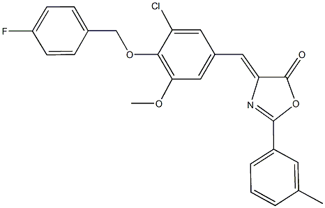 4-{3-chloro-4-[(4-fluorobenzyl)oxy]-5-methoxybenzylidene}-2-(3-methylphenyl)-1,3-oxazol-5(4H)-one Struktur