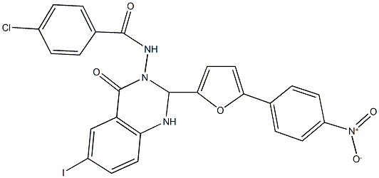 4-chloro-N-(2-(5-{4-nitrophenyl}-2-furyl)-6-iodo-4-oxo-1,4-dihydro-3(2H)-quinazolinyl)benzamide Struktur