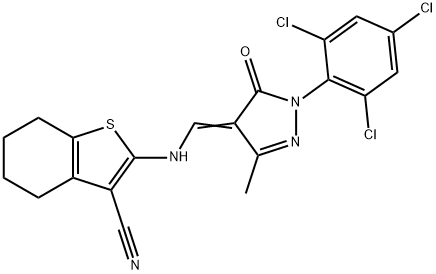 2-({[3-methyl-5-oxo-1-(2,4,6-trichlorophenyl)-1,5-dihydro-4H-pyrazol-4-ylidene]methyl}amino)-4,5,6,7-tetrahydro-1-benzothiophene-3-carbonitrile Struktur