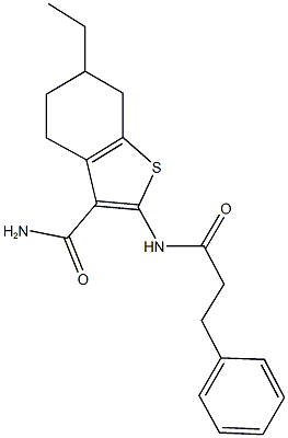 6-ethyl-2-[(3-phenylpropanoyl)amino]-4,5,6,7-tetrahydro-1-benzothiophene-3-carboxamide Struktur