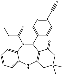 4-(3,3-dimethyl-1-oxo-10-propionyl-2,3,4,5,10,11-hexahydro-1H-dibenzo[b,e][1,4]diazepin-11-yl)benzonitrile Struktur