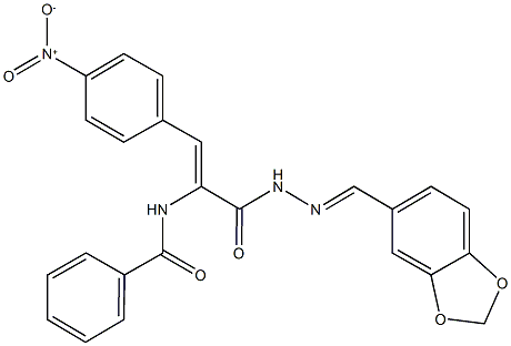 N-(1-{[2-(1,3-benzodioxol-5-ylmethylene)hydrazino]carbonyl}-2-{4-nitrophenyl}vinyl)benzamide Struktur