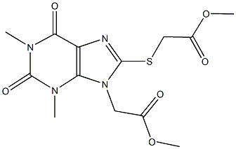 methyl {[9-(2-methoxy-2-oxoethyl)-1,3-dimethyl-2,6-dioxo-1,2,3,6-tetrahydro-9H-purin-8-yl]sulfanyl}acetate Struktur