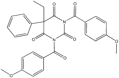 5-ethyl-1,3-bis(4-methoxybenzoyl)-5-phenyl-2,4,6(1H,3H,5H)-pyrimidinetrione Struktur