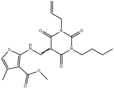 methyl 2-{[(1-allyl-3-butyl-2,4,6-trioxotetrahydro-5(2H)-pyrimidinylidene)methyl]amino}-4-methyl-3-thiophenecarboxylate Struktur