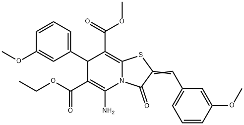 6-ethyl 8-methyl 5-amino-2-(3-methoxybenzylidene)-7-(3-methoxyphenyl)-3-oxo-2,3-dihydro-7H-[1,3]thiazolo[3,2-a]pyridine-6,8-dicarboxylate Struktur