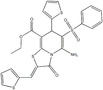 ethyl 5-amino-3-oxo-6-(phenylsulfonyl)-7-(2-thienyl)-2-(2-thienylmethylene)-2,3-dihydro-7H-[1,3]thiazolo[3,2-a]pyridine-8-carboxylate Struktur