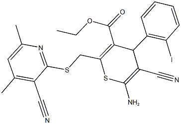 ethyl 6-amino-5-cyano-2-{[(3-cyano-4,6-dimethyl-2-pyridinyl)sulfanyl]methyl}-4-(2-iodophenyl)-4H-thiopyran-3-carboxylate Struktur