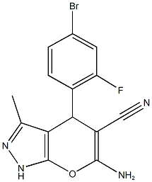 6-amino-4-(4-bromo-2-fluorophenyl)-3-methyl-1,4-dihydropyrano[2,3-c]pyrazole-5-carbonitrile Struktur