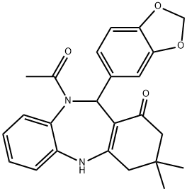 10-acetyl-11-(1,3-benzodioxol-5-yl)-3,3-dimethyl-2,3,4,5,10,11-hexahydro-1H-dibenzo[b,e][1,4]diazepin-1-one Struktur