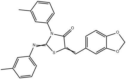 5-(1,3-benzodioxol-5-ylmethylene)-3-(3-methylphenyl)-2-[(3-methylphenyl)imino]-1,3-thiazolidin-4-one Struktur