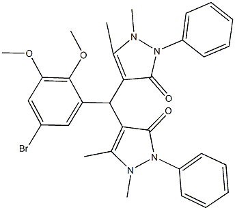 4-[(5-bromo-2,3-dimethoxyphenyl)(1,5-dimethyl-3-oxo-2-phenyl-2,3-dihydro-1H-pyrazol-4-yl)methyl]-1,5-dimethyl-2-phenyl-1,2-dihydro-3H-pyrazol-3-one Struktur