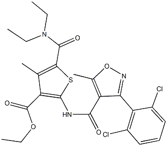 ethyl 2-({[3-(2,6-dichlorophenyl)-5-methyl-4-isoxazolyl]carbonyl}amino)-5-[(diethylamino)carbonyl]-4-methyl-3-thiophenecarboxylate Struktur