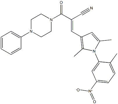 3-(1-{5-nitro-2-methylphenyl}-2,5-dimethyl-1H-pyrrol-3-yl)-2-[(4-phenyl-1-piperazinyl)carbonyl]acrylonitrile Struktur