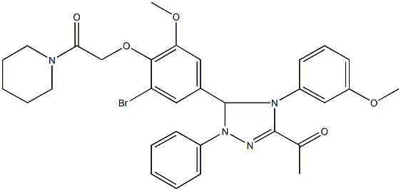 1-[5-{3-bromo-5-methoxy-4-[2-oxo-2-(1-piperidinyl)ethoxy]phenyl}-4-(3-methoxyphenyl)-1-phenyl-4,5-dihydro-1H-1,2,4-triazol-3-yl]ethanone Struktur