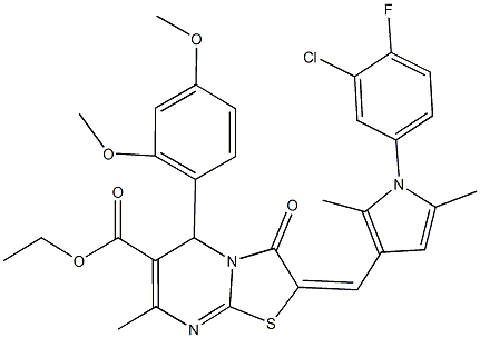 ethyl 2-{[1-(3-chloro-4-fluorophenyl)-2,5-dimethyl-1H-pyrrol-3-yl]methylene}-5-(2,4-dimethoxyphenyl)-7-methyl-3-oxo-2,3-dihydro-5H-[1,3]thiazolo[3,2-a]pyrimidine-6-carboxylate Struktur