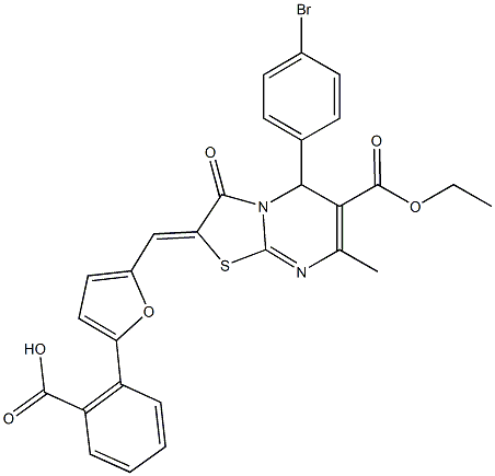 2-{5-[(5-(4-bromophenyl)-6-(ethoxycarbonyl)-7-methyl-3-oxo-5H-[1,3]thiazolo[3,2-a]pyrimidin-2(3H)-ylidene)methyl]-2-furyl}benzoic acid Struktur