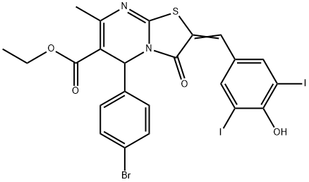 ethyl 5-(4-bromophenyl)-2-(4-hydroxy-3,5-diiodobenzylidene)-7-methyl-3-oxo-2,3-dihydro-5H-[1,3]thiazolo[3,2-a]pyrimidine-6-carboxylate Struktur