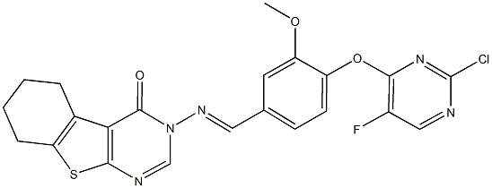 3-({4-[(2-chloro-5-fluoro-4-pyrimidinyl)oxy]-3-methoxybenzylidene}amino)-5,6,7,8-tetrahydro[1]benzothieno[2,3-d]pyrimidin-4(3H)-one Struktur