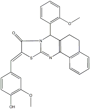 10-(4-hydroxy-3-methoxybenzylidene)-7-(2-methoxyphenyl)-5,7-dihydro-6H-benzo[h][1,3]thiazolo[2,3-b]quinazolin-9(10H)-one Struktur