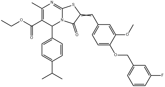 ethyl 2-{4-[(3-fluorobenzyl)oxy]-3-methoxybenzylidene}-5-(4-isopropylphenyl)-7-methyl-3-oxo-2,3-dihydro-5H-[1,3]thiazolo[3,2-a]pyrimidine-6-carboxylate Struktur