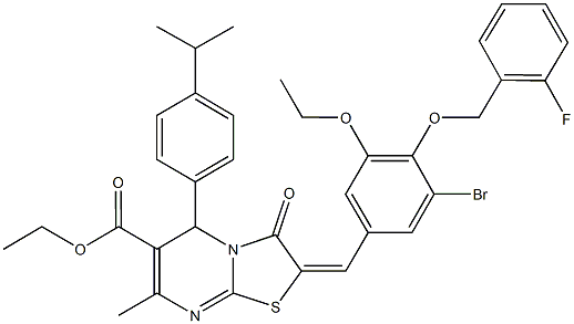 ethyl 2-{3-bromo-5-ethoxy-4-[(2-fluorobenzyl)oxy]benzylidene}-5-(4-isopropylphenyl)-7-methyl-3-oxo-2,3-dihydro-5H-[1,3]thiazolo[3,2-a]pyrimidine-6-carboxylate Struktur