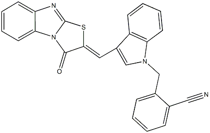 2-({3-[(3-oxo[1,3]thiazolo[3,2-a]benzimidazol-2(3H)-ylidene)methyl]-1H-indol-1-yl}methyl)benzonitrile Struktur