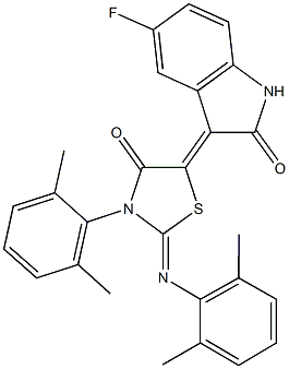 3-{3-(2,6-dimethylphenyl)-2-[(2,6-dimethylphenyl)imino]-4-oxo-1,3-thiazolidin-5-ylidene}-5-fluoro-1,3-dihydro-2H-indol-2-one Struktur