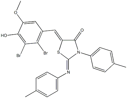 5-(2,3-dibromo-4-hydroxy-5-methoxybenzylidene)-3-(4-methylphenyl)-2-[(4-methylphenyl)imino]-1,3-thiazolidin-4-one Struktur