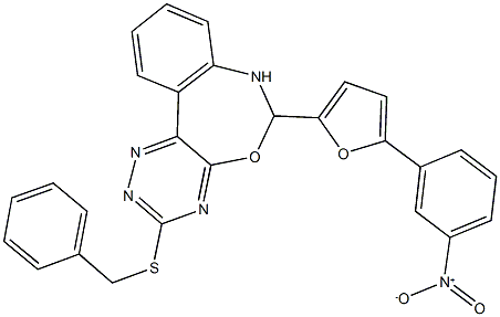 3-(benzylsulfanyl)-6-(5-{3-nitrophenyl}-2-furyl)-6,7-dihydro[1,2,4]triazino[5,6-d][3,1]benzoxazepine Struktur