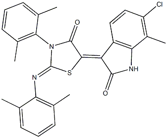 6-chloro-3-{3-(2,6-dimethylphenyl)-2-[(2,6-dimethylphenyl)imino]-4-oxo-1,3-thiazolidin-5-ylidene}-7-methyl-1,3-dihydro-2H-indol-2-one Struktur