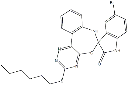 5-bromo-3'-(hexylsulfanyl)-1,3,6',7'-tetrahydrospiro(2H-indole-3,6'-[1,2,4]triazino[5,6-d][3,1]benzoxazepine)-2-one Struktur