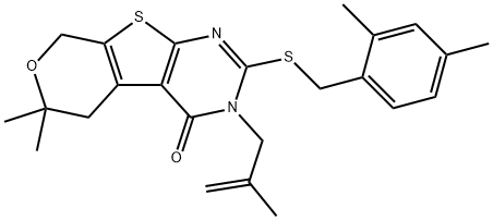 2-[(2,4-dimethylbenzyl)sulfanyl]-6,6-dimethyl-3-(2-methyl-2-propenyl)-3,5,6,8-tetrahydro-4H-pyrano[4',3':4,5]thieno[2,3-d]pyrimidin-4-one Struktur