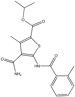 isopropyl 4-(aminocarbonyl)-3-methyl-5-[(2-methylbenzoyl)amino]-2-thiophenecarboxylate Struktur