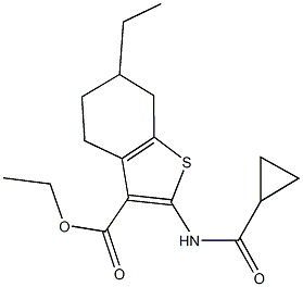 ethyl 2-[(cyclopropylcarbonyl)amino]-6-ethyl-4,5,6,7-tetrahydro-1-benzothiophene-3-carboxylate Struktur