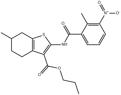 propyl 2-({3-nitro-2-methylbenzoyl}amino)-6-methyl-4,5,6,7-tetrahydro-1-benzothiophene-3-carboxylate Struktur